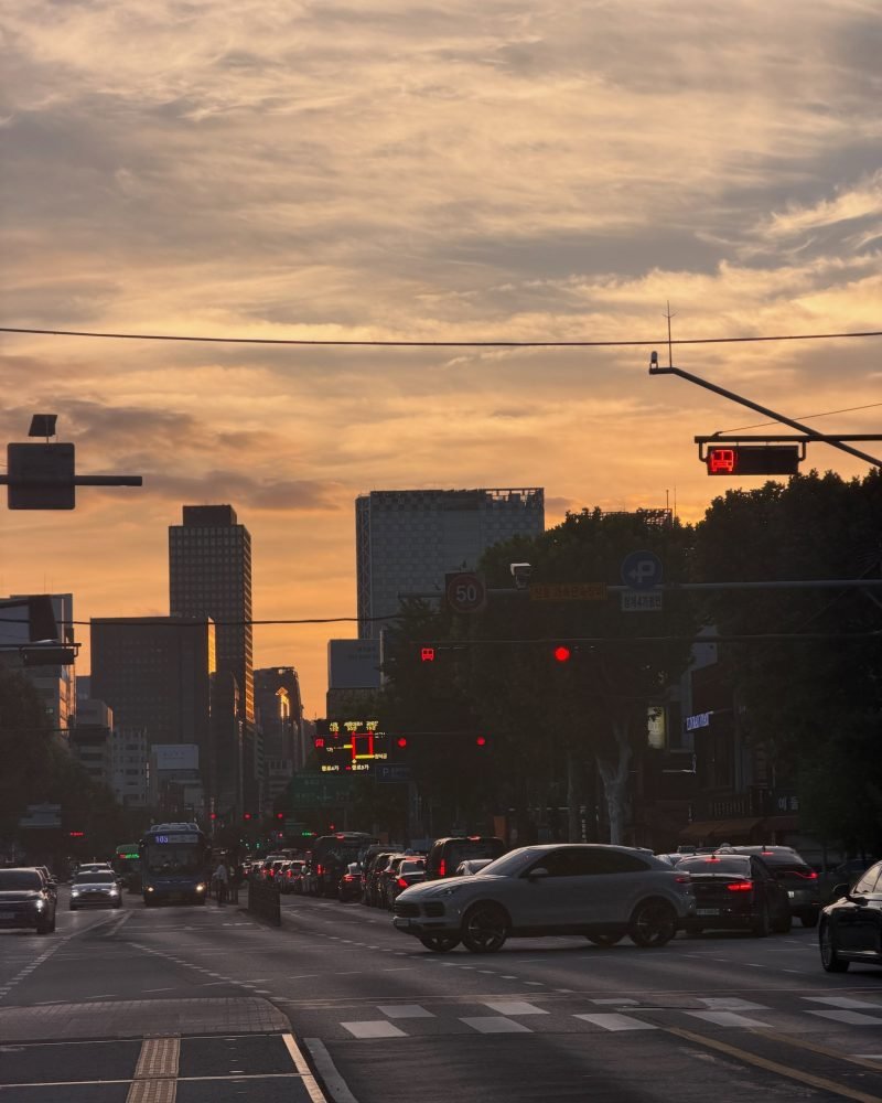 Waiting at the lights downtown.